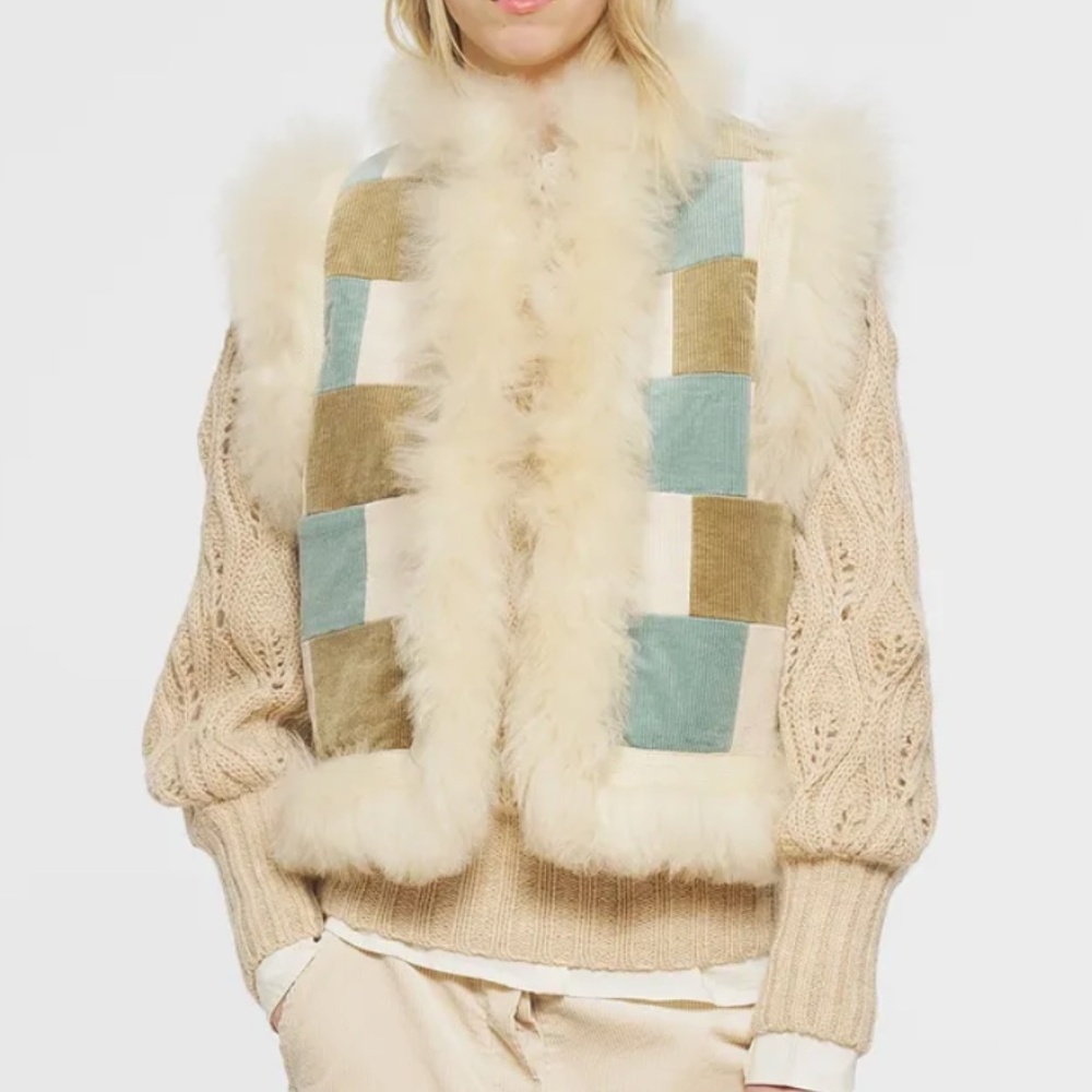 Antik Batik Cream Patchwork Fur-Trim Vest with Aqua and Tan Panels